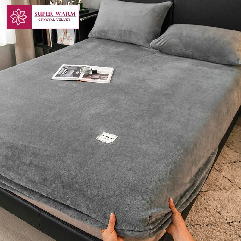 WASART Winter warm plush fitted sheet elastic mattress cover fluffy coral fleece bed linens couple luxury double bed king size