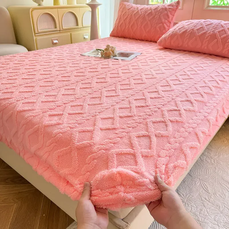WASART Fluffy plush fitted sheet elastic mattress protector cover warm winter bed linen couple double bed bedding king size