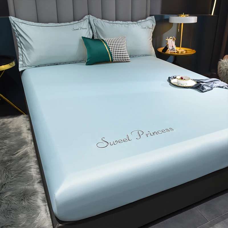 WASART Luxury Summer Satin Rayon Solid Embroidery Fitted Sheet Elastic Mattress Protector for Couples Bedding Cooling Bed Cover