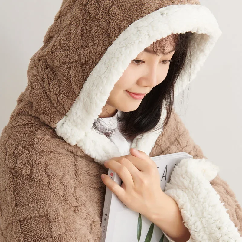 WASART Soft warm coral fleece cape blanket hooded wearable blanket winter fluffy plush outdoor flannel hoodie blanket shawl