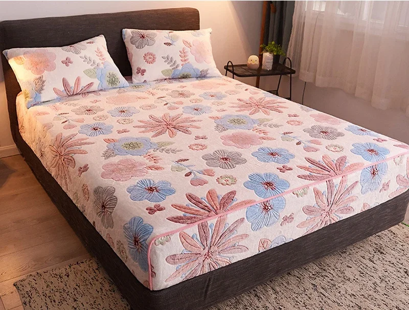 WOSTAR Winter thermal velvet fleece fitted sheet elastic mattress protector cover double bed couple fluffy flannel bed linen 150