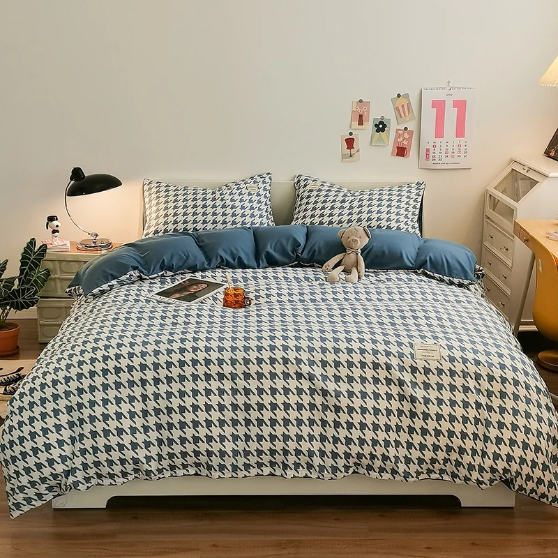 Pure Cotton Home Textile Plaid Pattern Bedding Set Simple Soft Duvet Cover Flat/Fitted Sheets Pillowcases Bed Linens Queen King