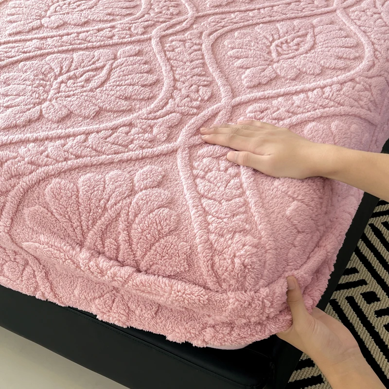 WASART Soft warm coral fleece fitted sheet elastic mattress protector cover retro jacquard winter fluffy plush bed linen 180x200