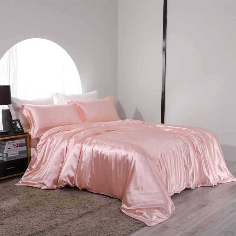 Blend Mulberry Silk Luxury Bedding Set Fitted & Flat Sheet Silky Duvet Cover Pillowcase for Home Hotel Premium Queen King Size