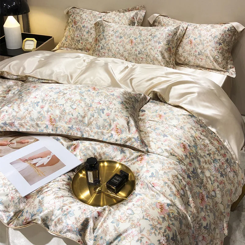 Floral Mulberry Silk Bedding Set with Duvet Cover Bed Sheet Luxury High-end Quilt Cover Fitted/Flat Bedsheet Double Queen Size