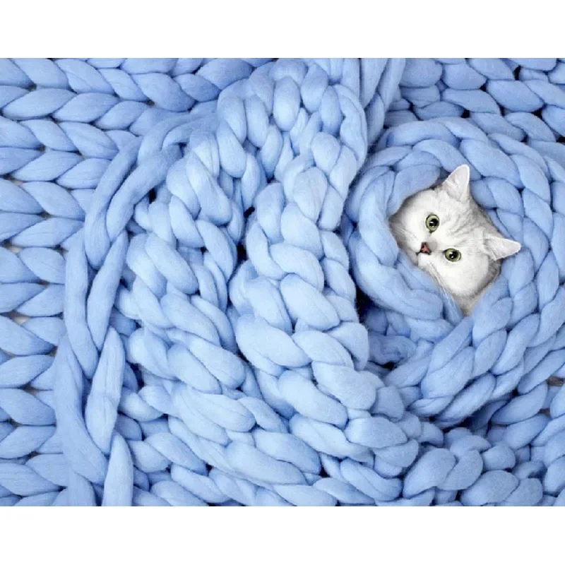 WASART Chunky merino wool blanket thick large yarn roving knitted blanket winter warm plaid throw blankets sofa bed blanket