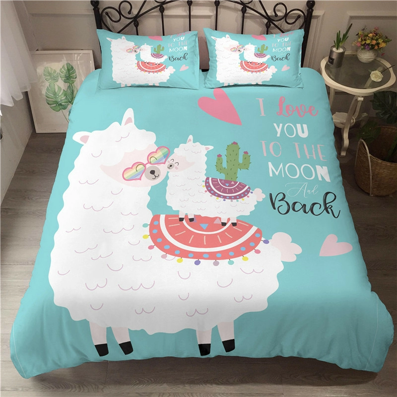 Cute Girl Pink Bedding Set Cartoon Alpaca Print Duvet Cover 140X200 Duvet Cover Bed Single Double Queen Bed Sets(No Sheet)