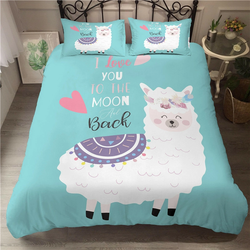 Cute Girl Pink Bedding Set Cartoon Alpaca Print Duvet Cover 140X200 Duvet Cover Bed Single Double Queen Bed Sets(No Sheet)